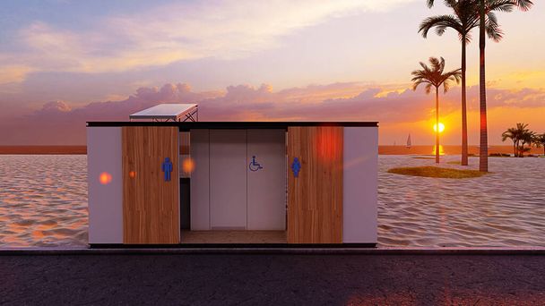 Zewnętrzny renderowanie nowoczesny pojemnik toaleta na plaży - Zdjęcie, obraz