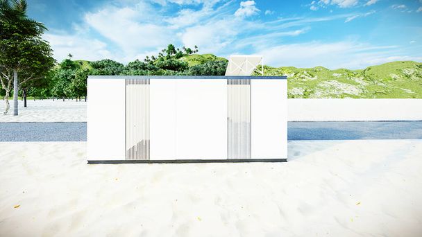 El renderizado exterior del cuarto de baño moderno contenedor en la playa - Foto, imagen