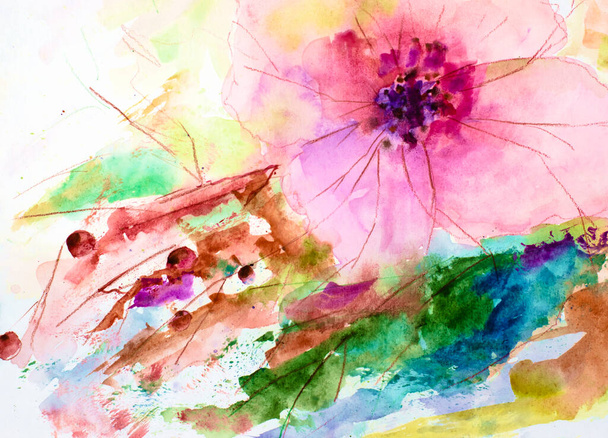 Abstract painting bright flowers. original handmade. Watercolor painting. impressionism style, color texture, paint strokes, art background. Modern Art. - Фото, изображение