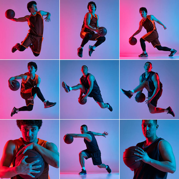 Set images of young energetic men playing basketball isolated on gradient pink blue studio background in neon light. Youth, hobby, motion, activity, sport concepts. - Foto, Imagen