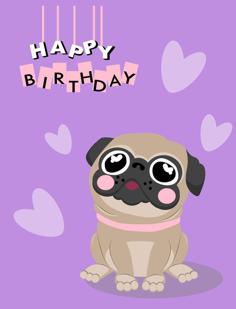 Greeting card, banner, icon. Birthday card. Pug on purple background. Happy Birthday. - Vector, Image