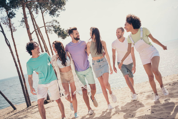 Photo of six people group gathering cuddle walk funny laugh enjoy talk wear casual outfit nature seaside beach - Foto, immagini