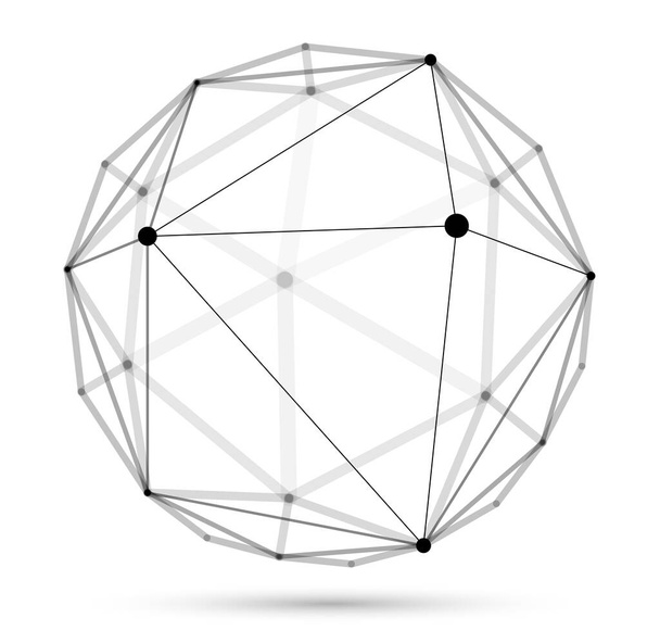 Dimensional lattice sphere vector abstraction, 3D polygonal design abstract shape isolated over white, science digital dynamic connections with lines and dots with perspective. - Vektor, kép