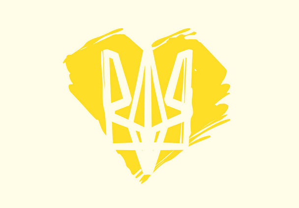 Векторна ілюстрація "Українського тризуба" на жовтому тлі у формі серця. Конструкція миру і демократії.  - Вектор, зображення