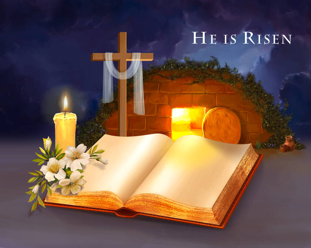 Él ha resucitado. La tumba vacía de Jesús. Una biblia abierta. - Foto, imagen