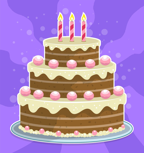 Κινούμενο σχέδιο πολύχρωμο νόστιμο μεγάλο κέικ διακοπών σοκολάτα με κρέμα και κεριά. Απομονωμένο σε βιολετί φόντο. Εικονίδιο διανύσματος. - Διάνυσμα, εικόνα