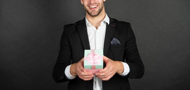 happy cropped man with box after shopping sale, purchase - Fotoğraf, Görsel