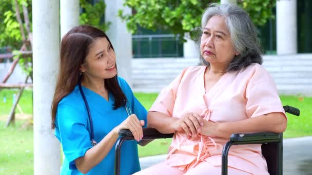 Tekerlekli sandalyedeki yaşlı Asyalı hastayla ilgilenen Asyalı dikkatli bir bakıcı ya da hemşire. Bakıcının, birikimin ve sağlık sigortasının özenle mutlu emeklilik kavramı. yaşlı bakımı - Video, Çekim