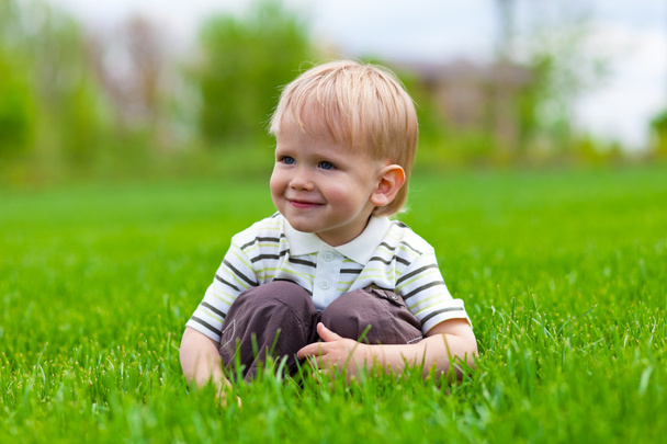 Smiling little boy sitting in fresh grass - Foto, afbeelding