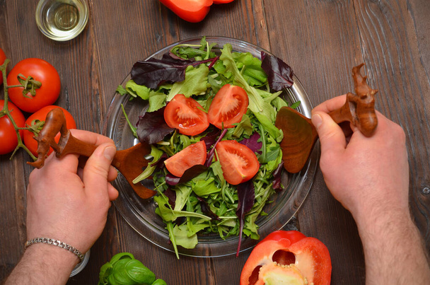 vegetarian food, male hands preparing vegetable salad close-up - Foto, Imagen