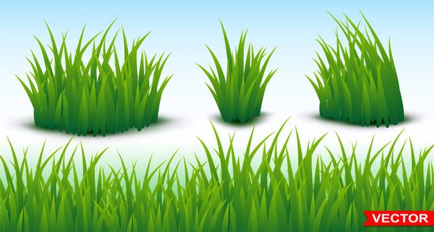 Green grass horizontal texture background. Nature meadow or field seamless pattern. Grassy design and ground landscape. Cartoon style. Isolated on white. Layered vector set. - Vetor, Imagem