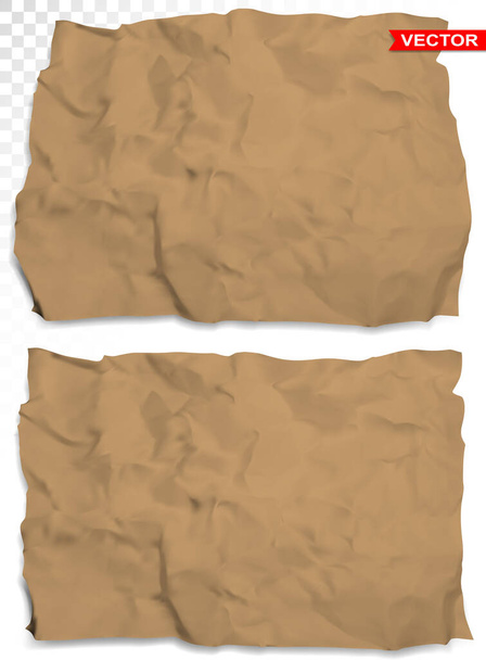 Wrinkled crumpled realistic empty brown carton paper texture. On gray background. Template for text banners products or business cards. Layered vector set. - Vector, Image