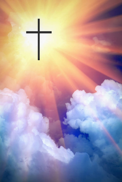 Silhouette of Christian cross against blue sky background - Zdjęcie, obraz