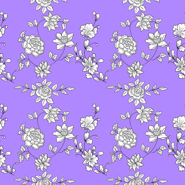 Line Art Style Vintage Wallpaper Seamless Patterns of Flowers and Leaves Floral Style - Фото, изображение