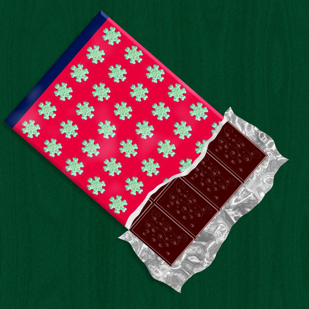 Donkere chocolade in unwraped verpakking met Kerstmis decoratief patroon - Foto, afbeelding