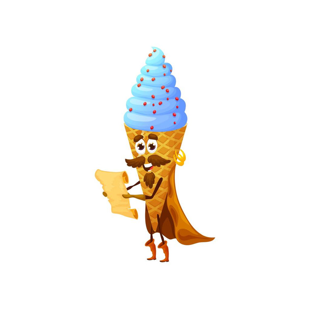 Cartoon ice cream cone pirate character with treasure map. Vector icecream in wafer cup corsair personage for kids menu. Sweet dessert wear cape adventure quest, funny filibuster snack - Vektor, kép