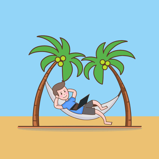 Ευτυχισμένος ανεξάρτητος επιχειρηματίας που ξεκουράζεται και εργάζεται σε φορητό υπολογιστή σε παραθαλάσσια βρεφική κούνια στην παραλία, εικονογράφηση χαρακτήρα κινουμένων σχεδίων το καλοκαίρι και ζεστή εποχή   - Διάνυσμα, εικόνα