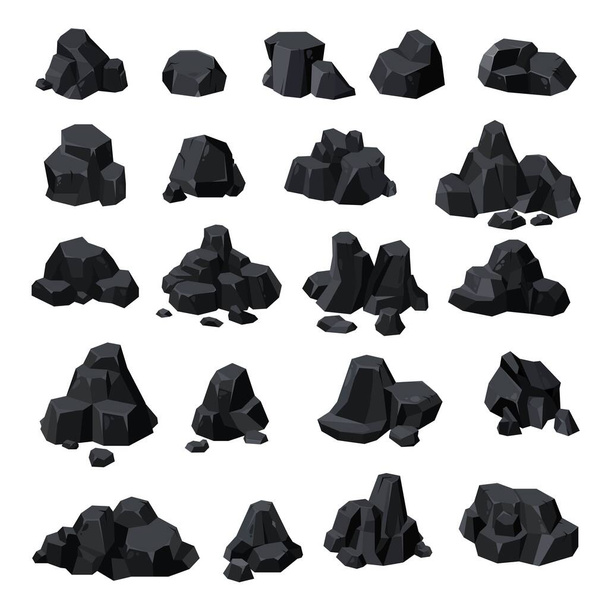 Cartoon coal ore, black charcoal, graphite lump, rock stone isolated vector set. Fossil or mineral resources piles, bunch and cut pieces, ui or gui game asset, mining production, quarry or mine items - Vector, Imagen