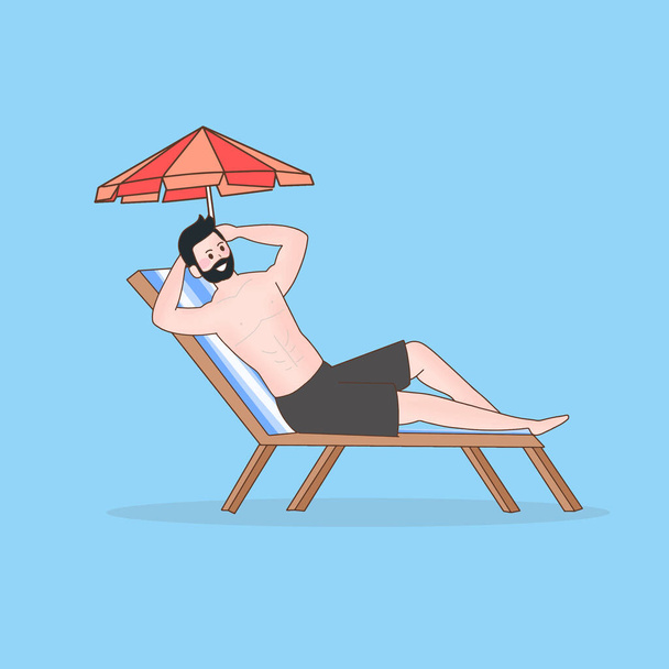 uomo turista sdraiato sul letto, rilassante e prendisole in estate, stagione calda  - Vettoriali, immagini