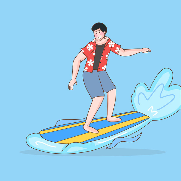 Junger Mann surft auf See, Cartoon flaches Design Mann Aktivitäten Outdoor-und Abenteuersport im Sommer   - Vektor, Bild