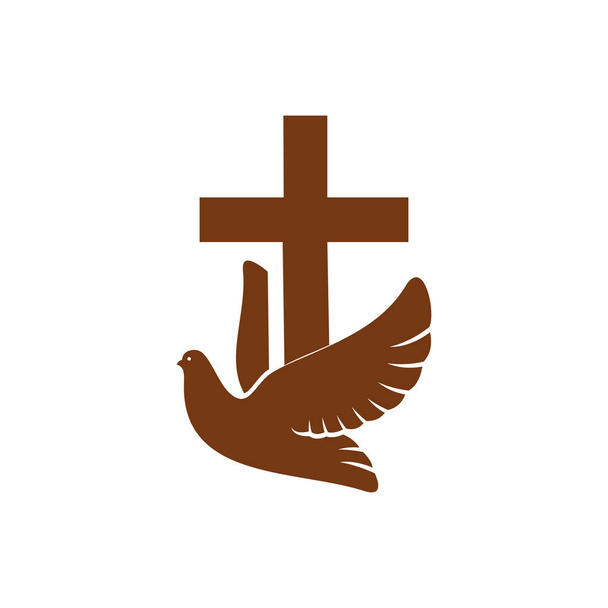 Crucifijo y paloma icono de la religión cristiana vector. Cristianismo cruz católica y pájaro paloma volando, símbolo de paz o fe, emblema religioso aislado - Vector, imagen
