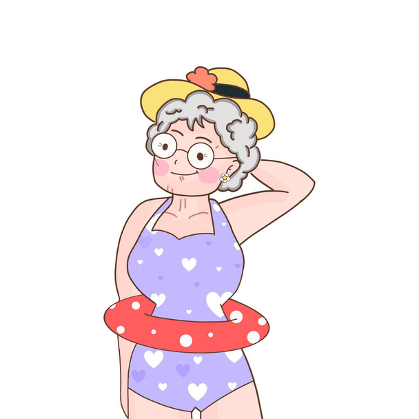 alte Frau mit schwimmendem Ring, Sommerfest - Vektor, Bild