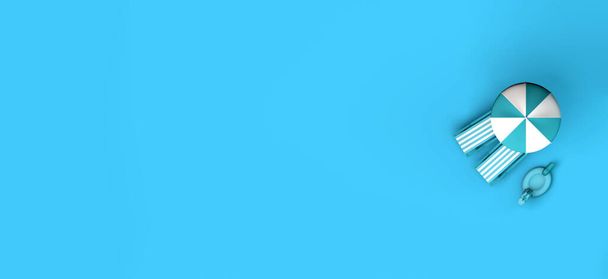 Chaises pliantes avec parapluie et licorne gonflables sur fond bleu pastel. Plan cenital. Concept d'été et vacances. Illustration 3D. - Photo, image