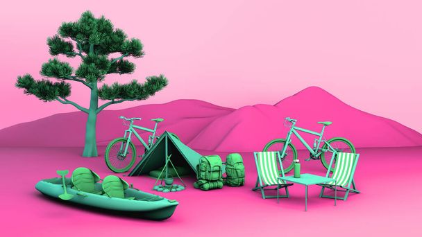 Vuoristoretkikonsepti teltta, polkupyörä, kajakki, reput ja pikatuolit. 3D-kuva. - Valokuva, kuva