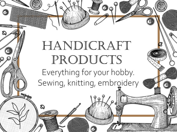 Crochet hook, knitting needles and threads - vector full color