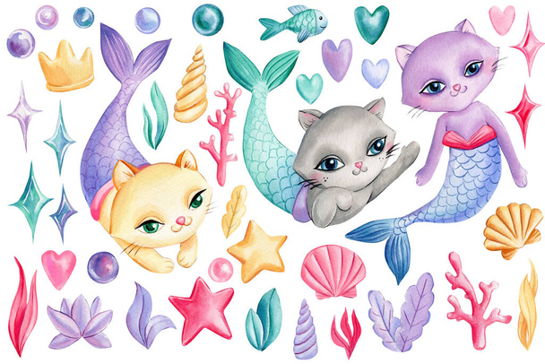 Leuke kat. Zeemeermin, schelpen, kroon, bubbels, koraal en vis. geïsoleerde witte achtergrond. Aquareltekening - Foto, afbeelding