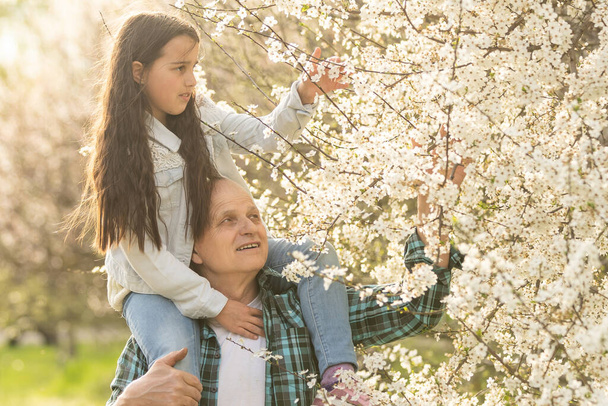 笑顔の子供抱擁彼女の幸せな祖父-自然の中で屋外. - 写真・画像