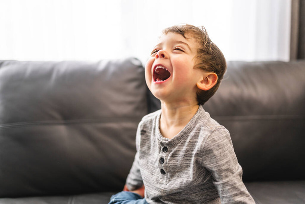 Little boy is standing on sofa at home with a big laugh - Zdjęcie, obraz