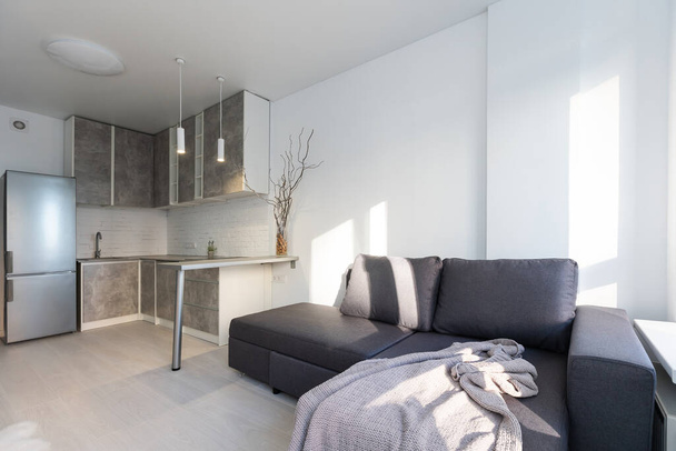 Modern minimalist koyu gri çatı katı tarzı stüdyo daire iç tasarımı. Mutfak, oturma alanı. - Fotoğraf, Görsel