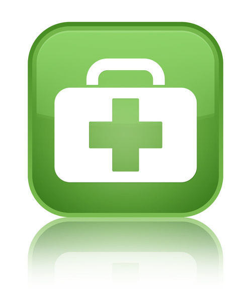 İlk yardım çantası simgesini parlak yeşil kare düğme yansıyan - Fotoğraf, Görsel