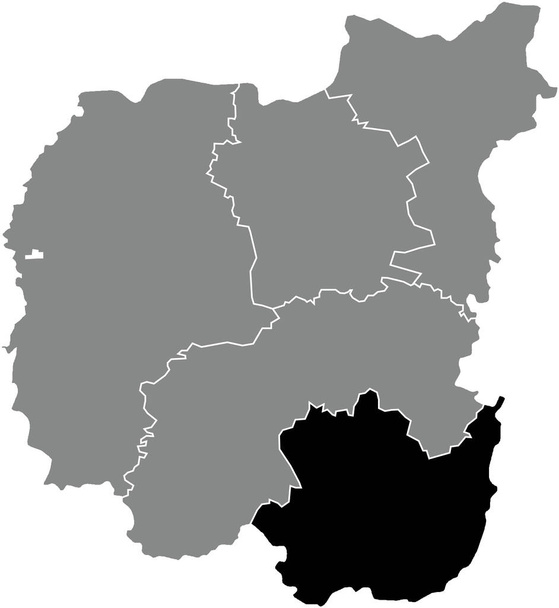 Black flat blank highlighted location map of the PRYLUKY RAION inside gray raions map of the Ukrainian administrative area of Chernihiv Oblast, Ukraine - Vector, Image