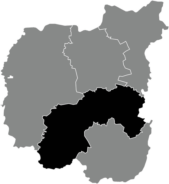 Black flat blank highlighted location map of the NIZHYN RAION inside gray raions map of the Ukrainian administrative area of Chernihiv Oblast, Ukraine - Vector, Image