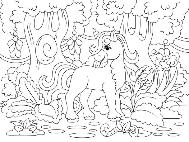 Unicorno allegro nella foresta magica. Illustrazione raster, libro da colorare per bambini. - Foto, immagini