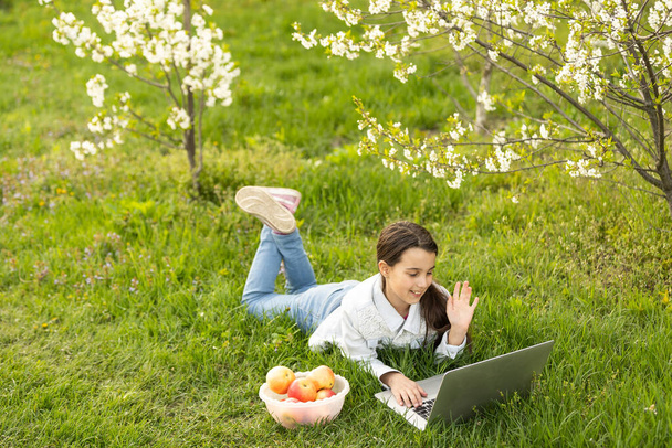 Εκπαίδευση στο σπίτι. μικρό κορίτσι με ένα φορητό υπολογιστή συνομιλία βίντεο στον κήπο - Φωτογραφία, εικόνα