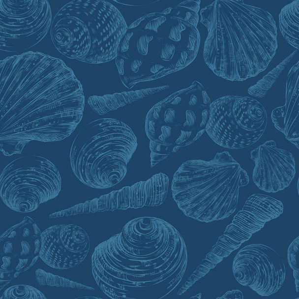 Seamless pattern of blue seashells on navy background. Marine backdrop. Hand drawn vector illustration. For invitations, cards, posters, print, banners, advertising, textile, wallpaper and bed linen - ベクター画像
