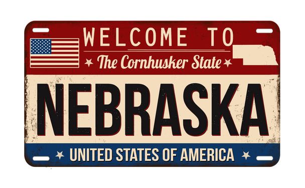 Willkommen bei Nebraska rostigen Oldtimer-Kennzeichen auf weißem Hintergrund, Vektor-Illustration - Vektor, Bild