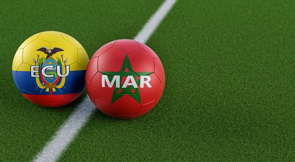 Ecuador vs. Morocco Soccer Match - Leather balls in Ecuador and Morocco national colors. 3D Rendering  - 写真・画像
