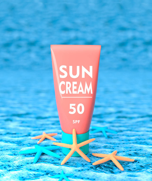 Sunscreen cream in tube against uv rays, spf 50. 3D illustration - Fotó, kép