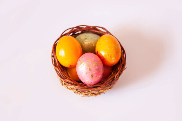 Easter holiday festive composition. Food decor. Colored eggs. - Zdjęcie, obraz