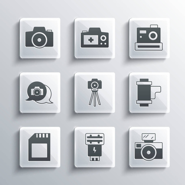 Set Foto-Kamera-Blitz, mit, Kamera-Roll-Patrone, SD-Karte und Symbol. Vektor - Vektor, Bild