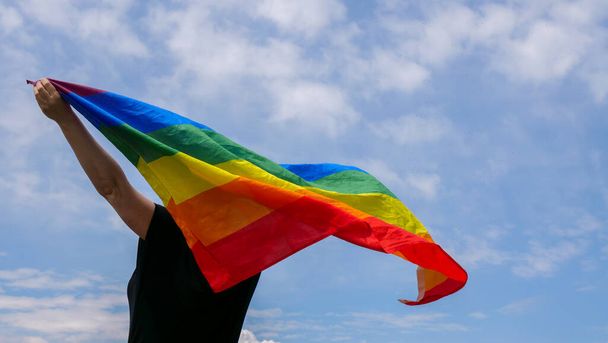 Homosexual woman with LGBT flag on sky background - Photo, Image