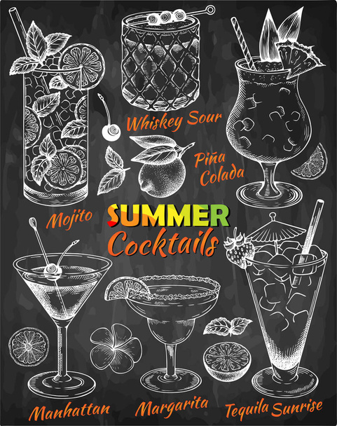 Chalk drawing set of summer cocktails on blackboard. Hand drawn sketch alcohol drinks, bar menu.Tequila, Martini, Margarita, lemon, tropical flower, mint, pineapple on chalkboard. Vector illustration. - Vector, Image