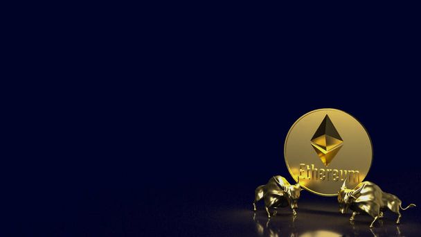 gold bulls and ethereum coin image for crypto or business concept 3d rendering - Фото, изображение