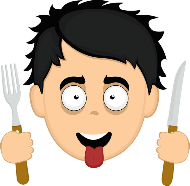 Vector illustration of a cartoon man face with a hungry expression, with his tongue out, with a knife and fork in his hands - Vector, afbeelding