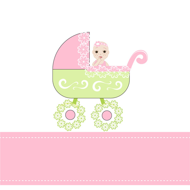 Baby girl arrival announcement card with stroller vector - Vector, imagen
