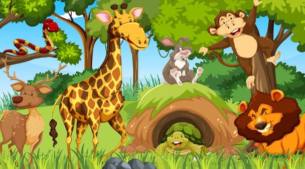 Animales salvajes personajes de dibujos animados en la escena del bosque ilustración - Vector, Imagen